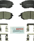 Bosch front ceramic brake pad set with four pads, hardware clips, and lubricant packet