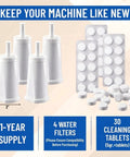 Game Changer 4 Pack Water Filter Refills With 30 Descaling Tablets Compatible With Breville Barista Pro Oracle Touch. Four white filter cartridges and cleaning tablets.