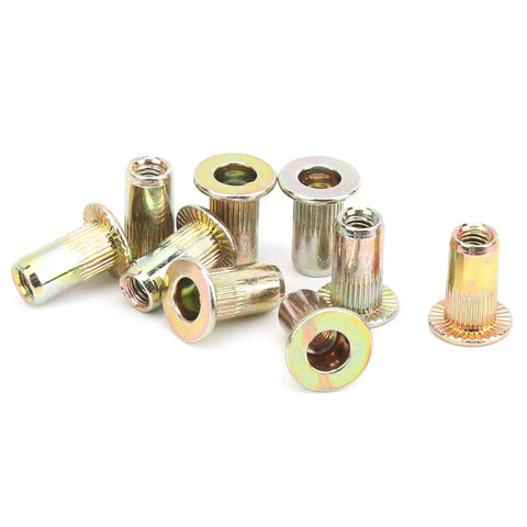 100 Piece M3 Zinc Coated Rivet Nut Set With Low Profile Threaded Inserts Shop Grade Assortment Kit For Automotive Metal Fabrication showing threaded inserts.
