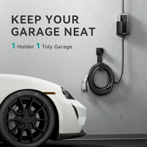 Rugged Boss J1772 EV Charger Holder Wall Mount Keeps Your Charging Handle Dock And Cable Organizer Locked Down With Rust Resistant Stainless Steel Storage Box For Everyday Garage Use, showcasing a tidy garage setup.