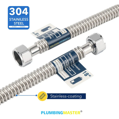 Stainless Steel Corrugated Water Heater Connector 18 Inch With 3/4 Inch FIP Ends, 1/4 Inch OD Flexible Hose, product labels visible