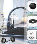 Top Notch Black Kitchen Sink Hole Cover Plugs For Standard Counter Drain Openings Two Pack Stainless Steel Swap Pieces that show black sink plugs next to a faucet.