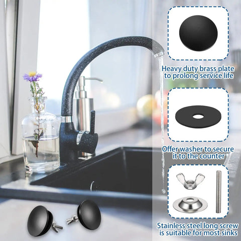 Top Notch Black Kitchen Sink Hole Cover Plugs For Standard Counter Drain Openings Two Pack Stainless Steel Swap Pieces that show black sink plugs next to a faucet.