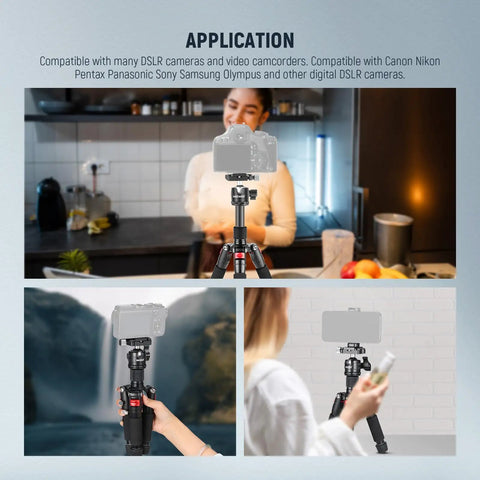 Compact Portable Travel Mini Tabletop Tripod With 360 Degree Ball Head Aluminum Desk Tripod demonstrated in various settings.