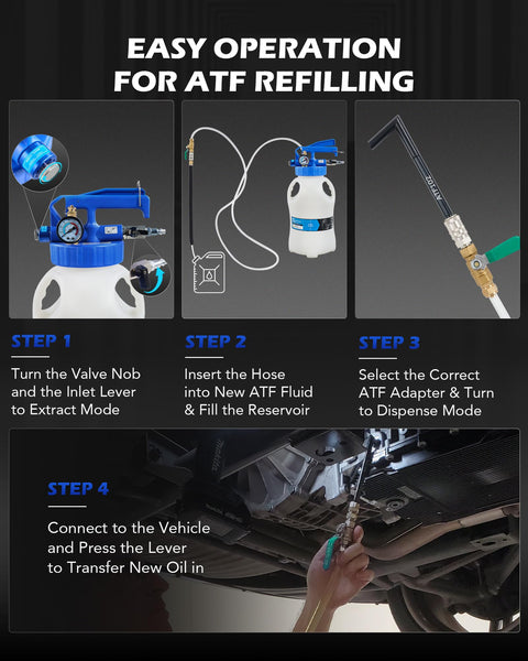 Step-by-step guide for using Oil Extractor Pump And Dispenser Kit 6L Pneumatic Bleeder Set with hoses and ATF adapters in auto fluid change.