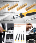 Ultimate 199 Piece Home And Auto Tool Kit Set For DIYers Homeowners And Handymen with screwdriver bits and ratcheting driver.