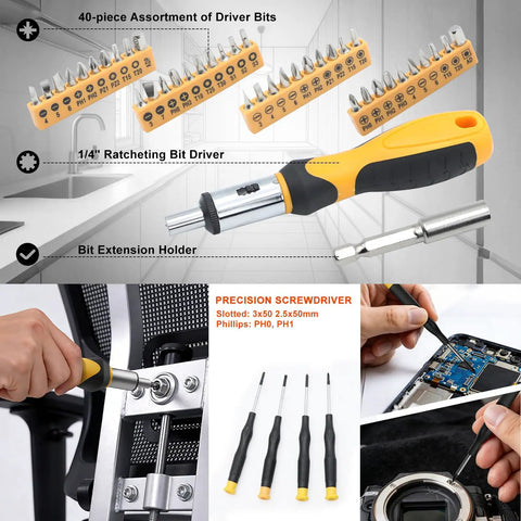 Ultimate 199 Piece Home And Auto Tool Kit Set For DIYers Homeowners And Handymen with screwdriver bits and ratcheting driver.