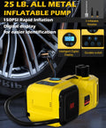 Front view of yellow 5-ton 12V electric car jack with digital display and built-in air inflator near a tire