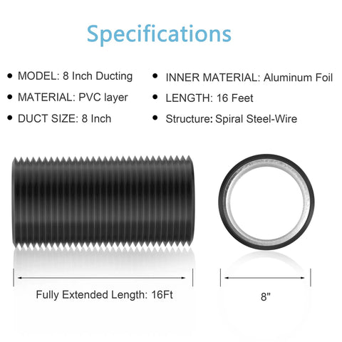 Image of 8 Inch Air Ducting Dryer Vent Hose 16 Ft Heavy Duty Four Layer Protection specifications, showing length and diameter details.