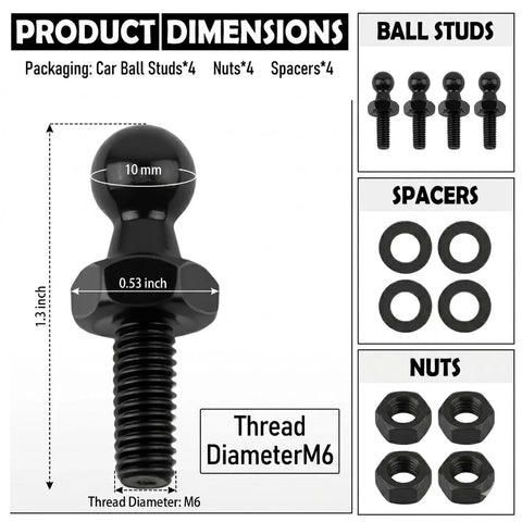 4 Piece 10mm Ball Stud Kit For Gas Struts With M6 Thread Includes Spacers And Nuts Built Tough For Lift Support And Car Gas Spring