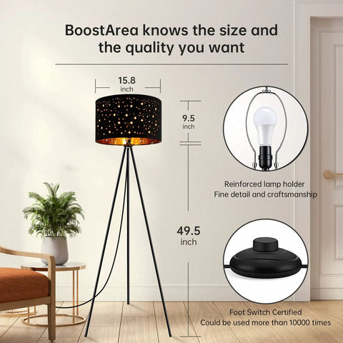 Tripod Floor Lamp With 8W LED Bulb Mid Century Style in living room, black metal base, fabric shade, modern farmhouse boho vibe