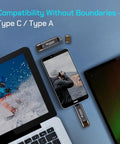 Ultra Fast 256GB External SSD With Dual USB Type C And Type A Ports shown with laptop, smartphone, and tablet for versatile use