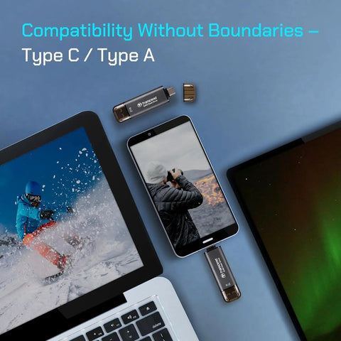 Ultra Fast 256GB External SSD With Dual USB Type C And Type A Ports shown with laptop, smartphone, and tablet for versatile use
