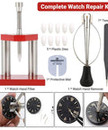 Pro Watch Repair Tool Kit With Hand Removal And Hand Press DIY Watchmaker Essentials For Adults Unisex Modern Style Red Dial And Band 40mm Case Not Water Resistant displayed with components and tools for watch repair