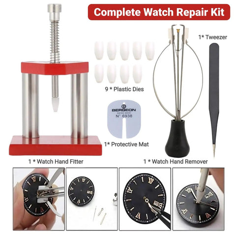 Pro Watch Repair Tool Kit With Hand Removal And Hand Press DIY Watchmaker Essentials For Adults Unisex Modern Style Red Dial And Band 40mm Case Not Water Resistant displayed with components and tools for watch repair