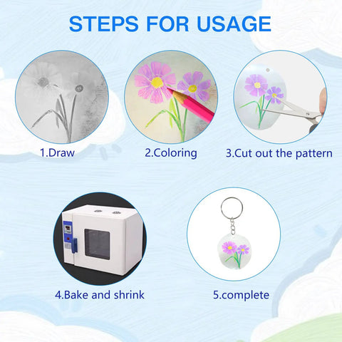 Steps for usage of Big Size A4 Heat Shrink Paper Keychain Kit For Christmas Crafts, showing process from drawing to complete keychain.