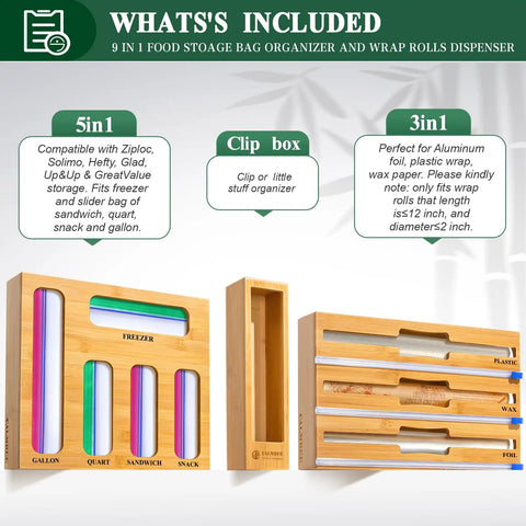 9 In 1 Bamboo Kitchen Drawer Organizer With Built In Plastic Wrap And Aluminum Foil Dispenser And Cutter, Baggie Organizer For Sandwich, Snack, Quart And Gallon Bags, And Extra Drawer Storage Box displayed with labels and features.