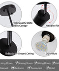 5 Light LED Track Lighting Kit In Black With Flexible Rotatable Heads showing matte canopy, GU10 bulb, and flexible rotation.