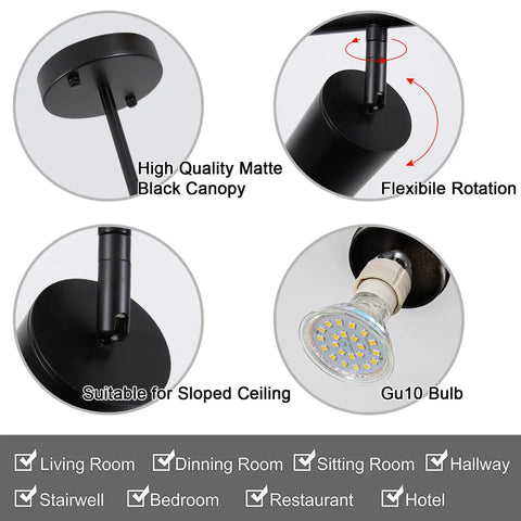 5 Light LED Track Lighting Kit In Black With Flexible Rotatable Heads showing matte canopy, GU10 bulb, and flexible rotation.