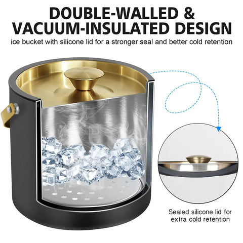 3.2 Liter Double Wall Stainless Steel Ice Bucket With Silicone Lid Scoop And Strainer Insulated Ice Bin, sleek black design