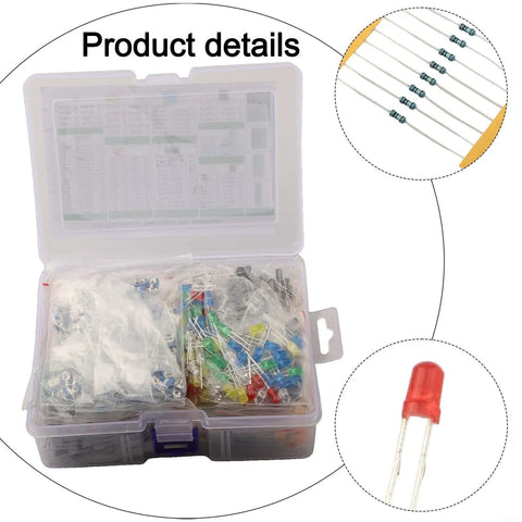 Open box of DIY Electronics Component Kit With 1818 Pieces Including Resistors, Capacitors, LEDs, Diodes, Transistors, and PCB Board