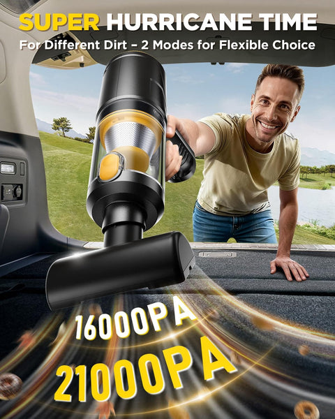 Man holding Beast Cordless Car Vacuum With 21,000Pa Suction 2 Modes in car trunk, showcasing powerful suction.