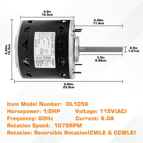 Rugged Half HP Blower Motor 1075 RPM 3 Speed 115V 8A 48 Frame Sleeve Bearing With diagram showing dimensions and specs