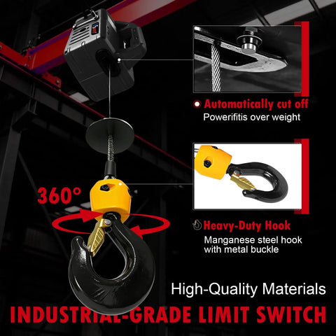 3 In 1 Electric Hoist Winch 1100 Lbs Portable Power Crane With Manual, Wired And Wireless Remote Control, 25 Foot Lift Height, Overload Protection For Lifting, Towing And Vehicle Recovery. Industrial hook close-up