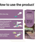 Countertop Repair Kit For Marble Granite Quartz Porcelain Tile And More Clear Finish With Polisher And Easy DIY Chip Repair For Ceramic Surfaces No Pro Needed For Kitchen Counters Bathrooms And Work Surfaces packaging with usage instructions.