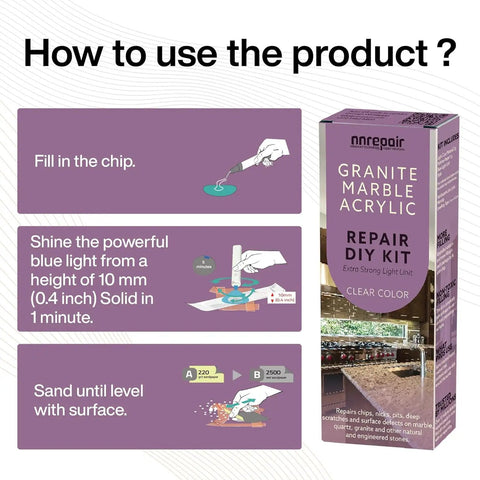 Countertop Repair Kit For Marble Granite Quartz Porcelain Tile And More Clear Finish With Polisher And Easy DIY Chip Repair For Ceramic Surfaces No Pro Needed For Kitchen Counters Bathrooms And Work Surfaces packaging with usage instructions.