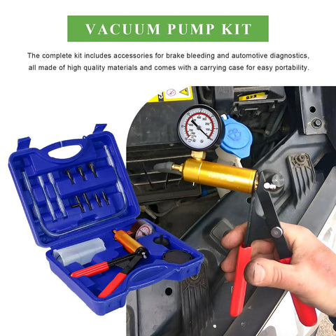 Grease Monkey Approved Single Handed Brake Bleeder Vacuum Pump Kit With Precision Gauge Adapters And Rugged Carry Case displayed with tools and accessories in blue carrying case.