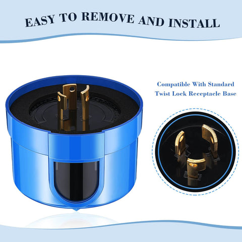 Close-up of blue Three Pack Photocell Twist Lock Auto On Off Sensor Switch for outdoor lighting with twist-lock pins visible.