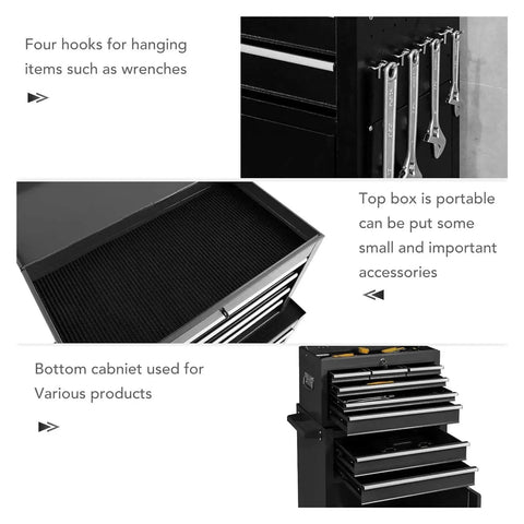 Close-up of Beefed Up Rolling Toolbox With 8 Drawers And Detachable Top Box Mobile Steel Tool Storage showing hooks and drawers