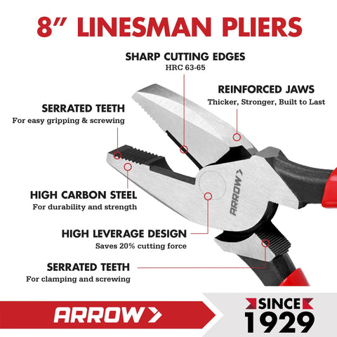 8 Inch High Leverage Lineman Pliers For Wire Cutting And Gripping, Heavy Duty Side Cutters With Front Pivot, Hardened Steel