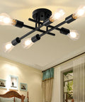 Industrial 6 Light Dope Semi Flush Mount Ceiling Light Farmhouse Close To Ceiling Fixture In Matte Black glowing in room