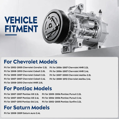Premium Road Ready AC Compressor With Clutch for Chevy Malibu Cobalt HHR with specifications and fitment details.