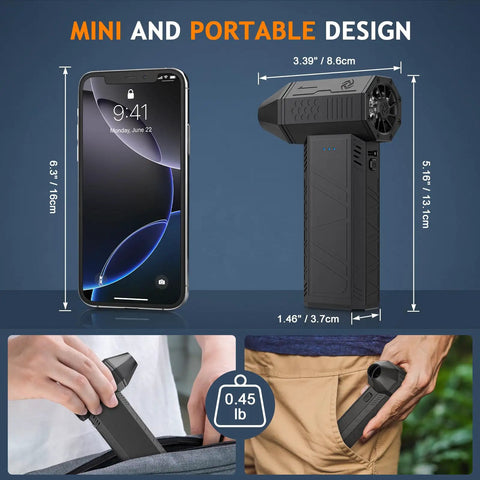 Powerful Electric Air Duster Beast with 180000 RPM Brushless Motor shown as portable handheld device next to smartphone.