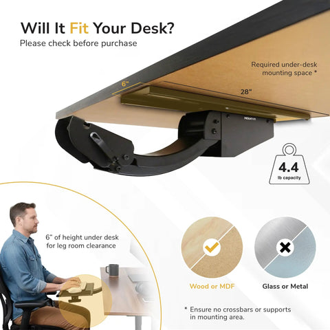 Adjustable Under Desk Keyboard And Mouse Tray Smooth Glide Platform view showing 6" height requirement for installation.