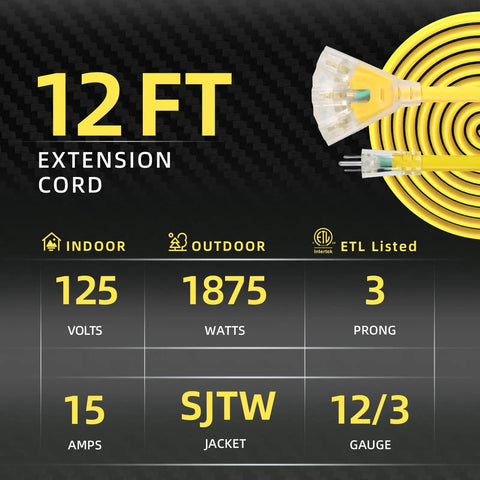 Image of a Heavy Duty Outdoor Extension Cord With Three Outlets and Lighted End 12 Gauge Waterproof SJTW Power Cable rolled up.