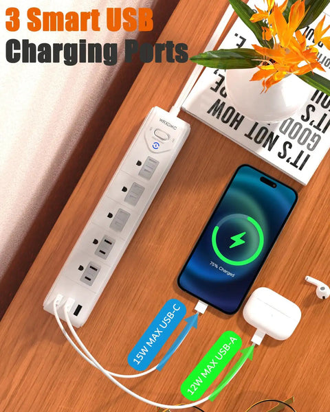 2 Prong To 3 Prong Outlet Adapter Power Strip with 5 outlets, 3 USB ports, charging phone and AirPods on wooden surface