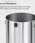 Close-up of integrated bag fixer slot in Heavy Duty 24 Gallon Round Stainless Steel Open Top Waste Bin Smooth Brushed Finish.