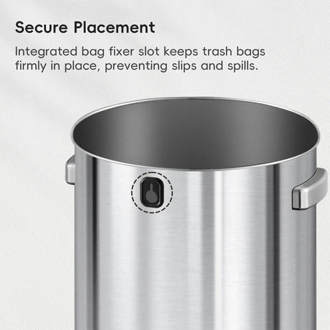 Close-up of integrated bag fixer slot in Heavy Duty 24 Gallon Round Stainless Steel Open Top Waste Bin Smooth Brushed Finish.
