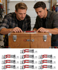 Two men inspecting a wooden box with heavy duty latch kit with adjustable locking catch for rock solid hold rugged toggle buckle fastener.