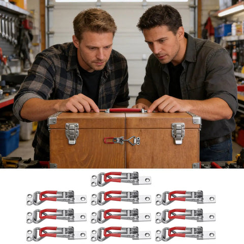 Two men inspecting a wooden box with heavy duty latch kit with adjustable locking catch for rock solid hold rugged toggle buckle fastener.