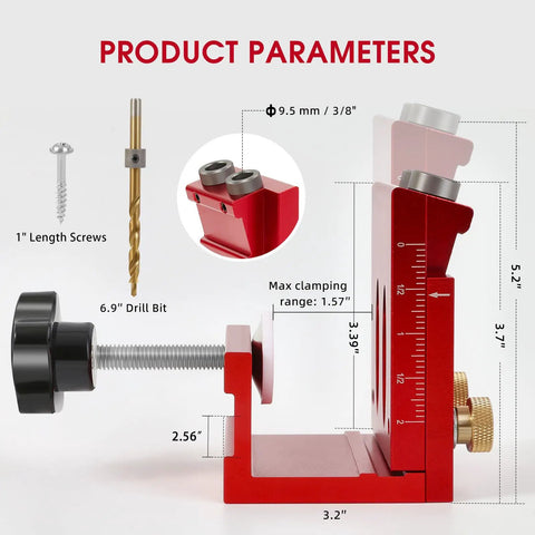 Top Shelf Pocket Hole Jig Kit For Woodworking Rugged Aluminum Guide showing dimensions, screws, and drill bit for assembly tasks.