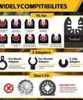 Heavy Duty Oscillating Tool Blade Kit 50 Piece Universal Multi Saw Blades For Metal Wood And Plastic M42 Steel Titanium Coated Cutting Set adapters and compatibility chart.
