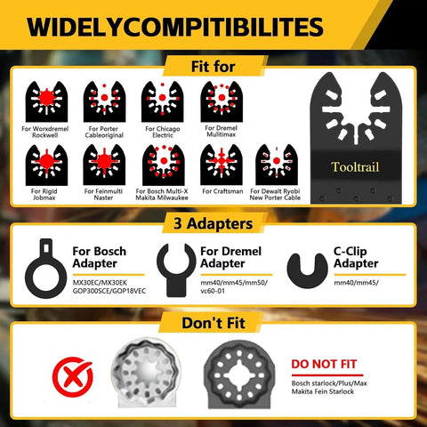 Heavy Duty Oscillating Tool Blade Kit 50 Piece Universal Multi Saw Blades For Metal Wood And Plastic M42 Steel Titanium Coated Cutting Set adapters and compatibility chart.