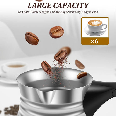 Electric Turkish Coffee Maker 17oz Stainless Steel Pot With Foldable Handle highlighted with coffee beans above the pot.