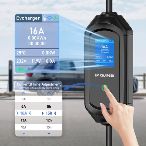 Ready To Roll Tesla Charger And Electric Vehicle Wall Plate Level 1 And 2 Portable Ev Plug 5 Meter Wire 16 Amp 3.6Kw adjustable settings on display.