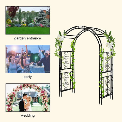 Sturdy Black Metal Garden Arbor Trellis For Climbing Plants And Flowers, Outdoor Wedding Arch, lawn decor with plants and images